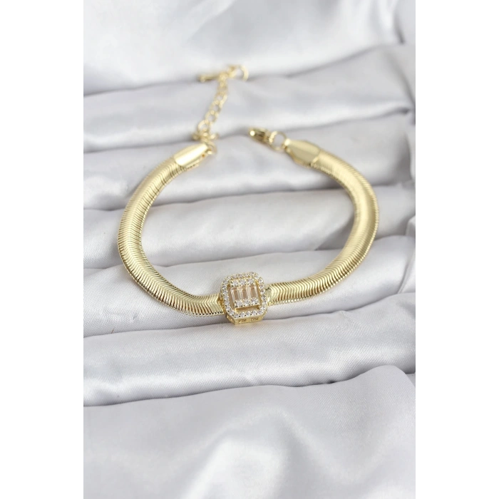 Mey İthalat® 316L Çelik Gold Renk Baget Zirkon Taşlı Yılan Zincirli Kadın Bileklik