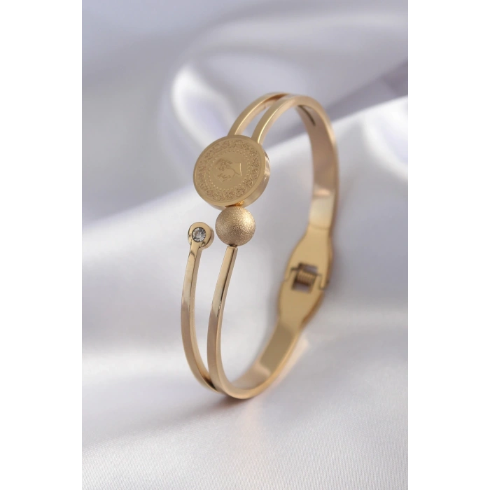 Mey İthalat® 316L Çelik Gold Renk Çeyrek Altın Zirkon Taş Detay Kadın Kelepçe