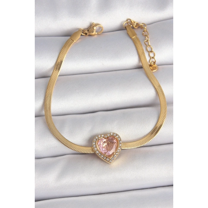 Mey İthalat® 316L Çelik Gold Renk İtalyan Zincir Pembe Zirkon Taşlı Kalp Model Kadın Bileklik
