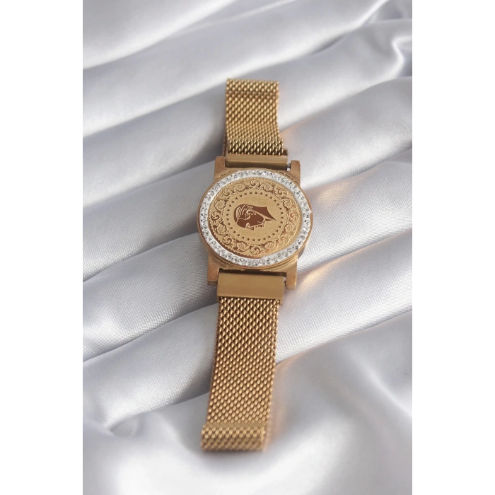 Mey İthalat® 316L Çelik Gold Renk Mıknatıslı Hasır Zirkon Taşlı Çeyrek Altın Model Kadın Bileklik