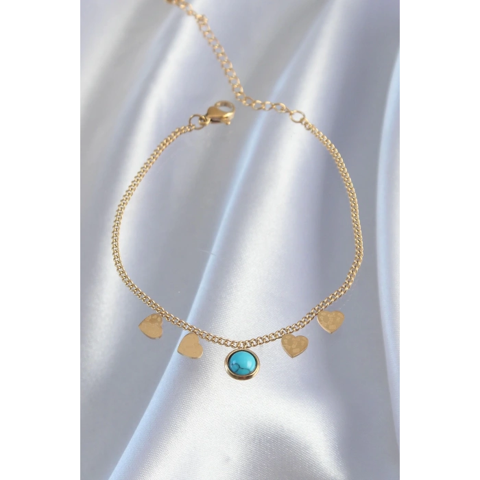 Mey İthalat® 316L Çelik Gold Renk Minimal Kalpli Mavi Taş Detaylı Bileklik
