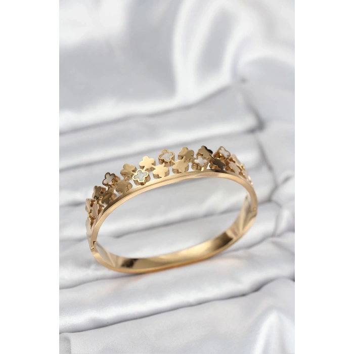 Mey İthalat® 316L Çelik Gold Renk Minimal Yoncalı Kadın Kelepçe Bileklik