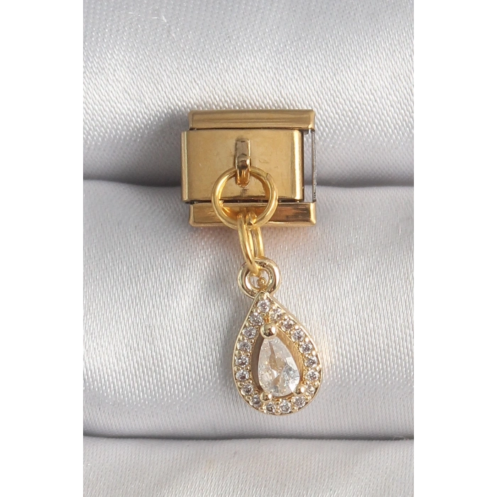 Mey İthalat® 316L Çelik Gold Renk Sallantı Damla Zirkon Taşlı Nomination Charm