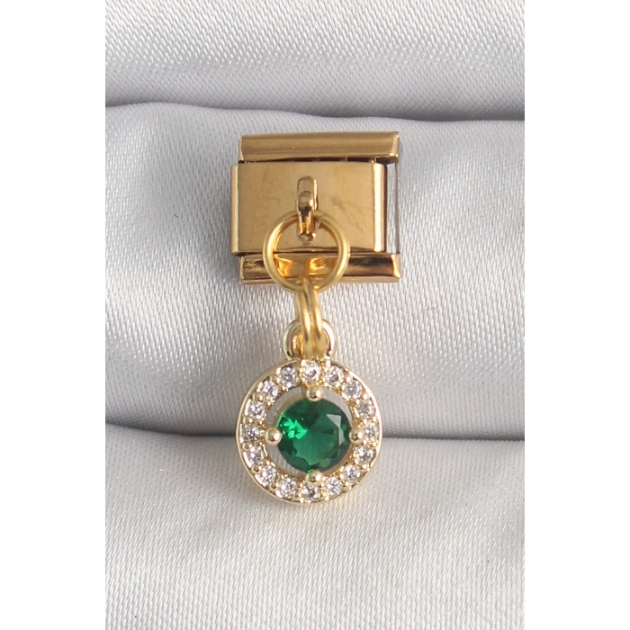 Mey İthalat® 316L Çelik Gold Renk Sallantı Yeşil Zirkon Taşlı Nomination Charm