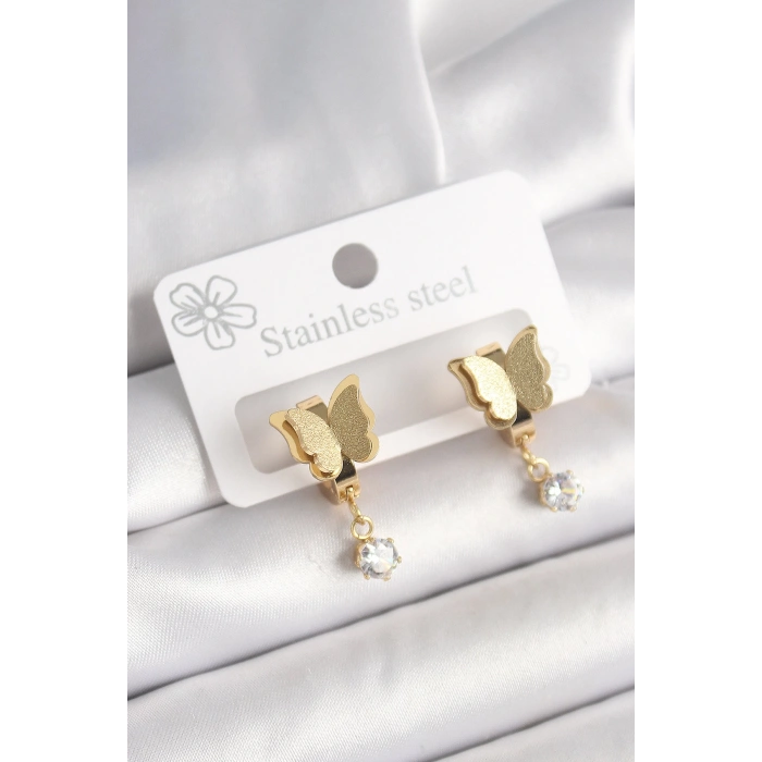 BFS 316L Çelik Gold Renk Sallantı Zirkon Taş Detaylı Simli Kelebek Model Kadın Küpe