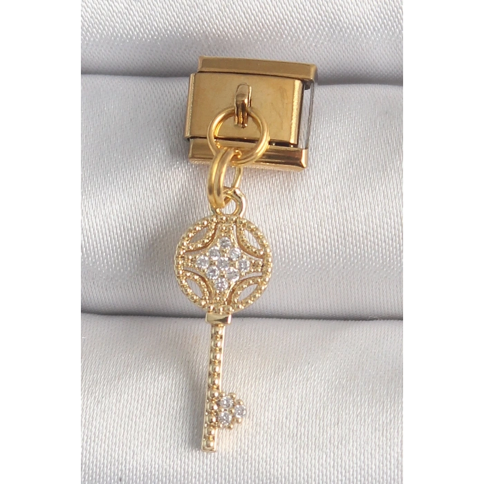 Mey İthalat® 316L Çelik Gold Renk Sallantı Zirkon Taşlı Anahtar Model Nomination Charm