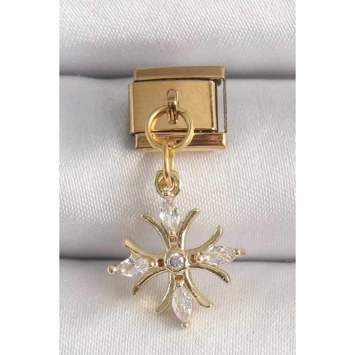 Mey İthalat® 316L Çelik Gold Renk Sallantı Zirkon Taşlı Kar Tanesi Model Nomination Charm