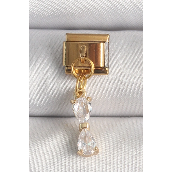 Mey İthalat® 316L Çelik Gold Renk Sallantı Zirkon Taşlı Kurdele Model Nomination Charm