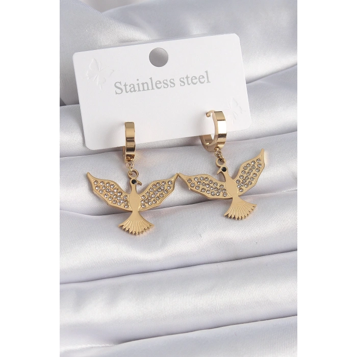 BFS 316L Çelik Gold Renk Zirkon Taşlı Anka Kuşu Model Kadın Küpe