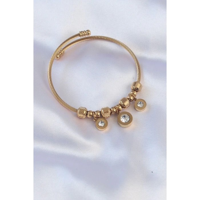 Mey İthalat® 316L Çelik Gold Renk Zirkon Taşlı Model Charm Bileklik