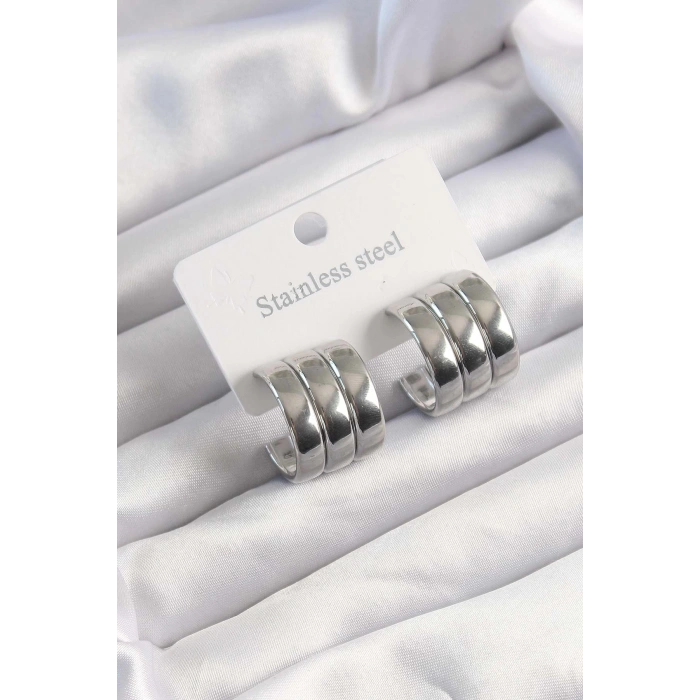 BFS 316L Çelik Gümüş Renk 3lü Görünüm Bombe Model Yarım Halka Küpe