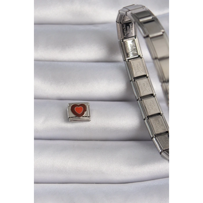 Mey İthalat® 316L Çelik Gümüş Renk Kahverengi Kalp İşlemeli Nomination Charm