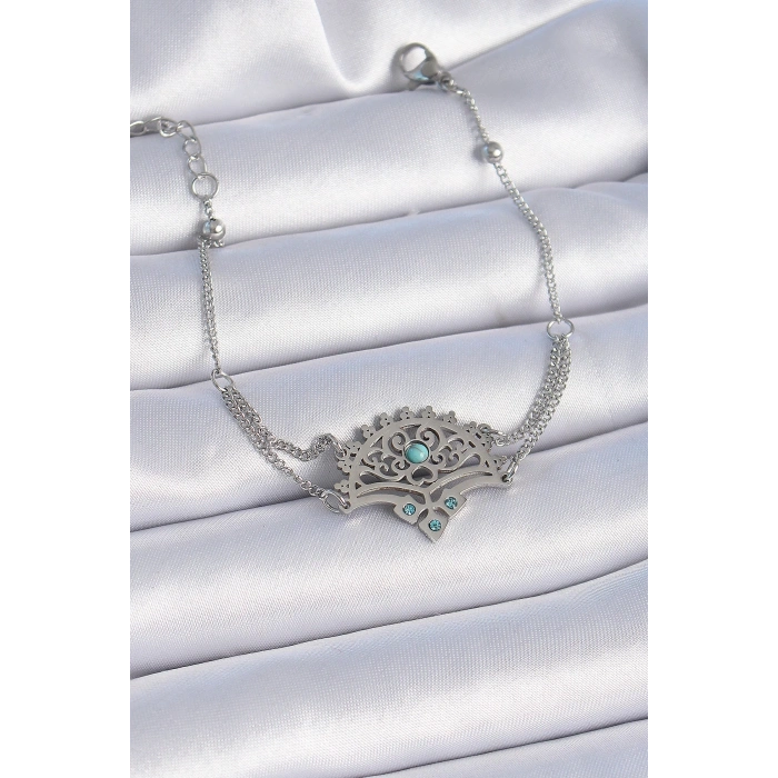 Mey İthalat® 316L Çelik Gümüş Renk Mavi Taşlı Etnik Desen Kadın Bileklik