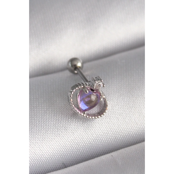 BFS 316L Çelik Gümüş Renk Mor Mineli Kalp Zirkon Taş Detay Tragus Piercing