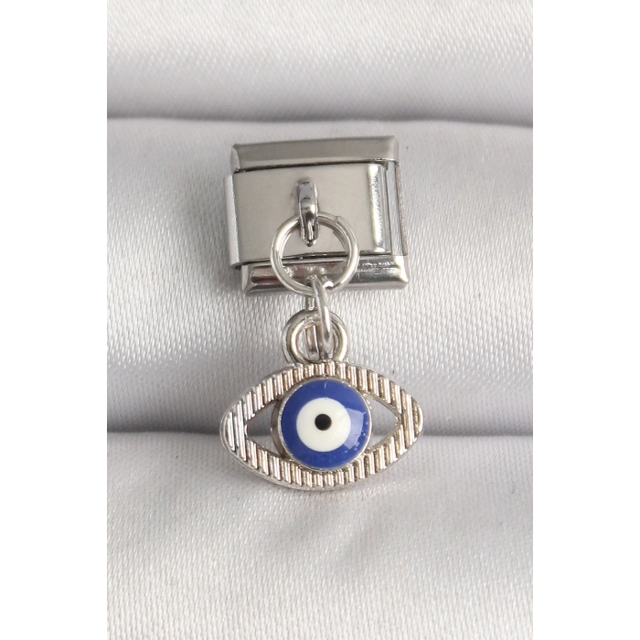 Mey İthalat® 316L Çelik Gümüş Renk Nazar Boncuk Detaylı Göz Model Nomination Charm