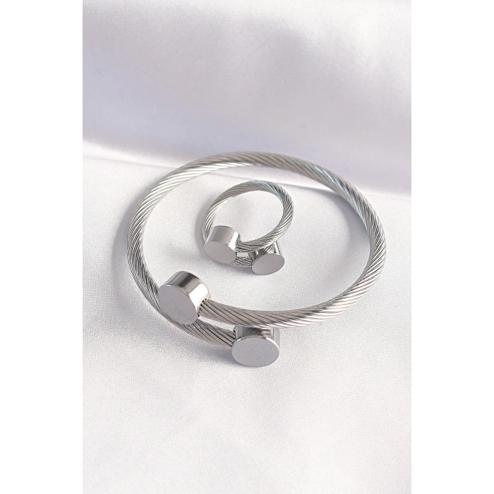 Mey İthalat® 316L Çelik Gümüş Renk Oval Aksesuarlı Burgu Model Bileklik ve Yüzük Kombini