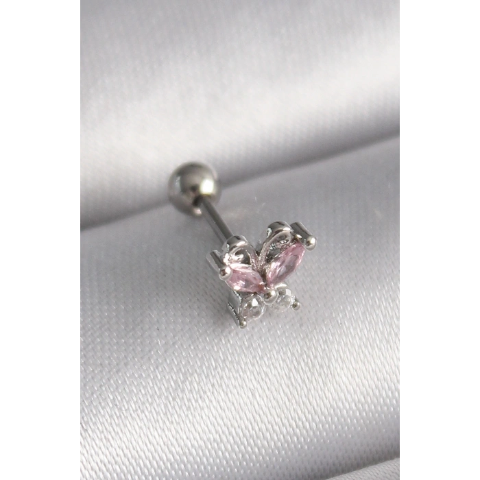 BFS 316L Çelik Gümüş Renk Pembe Zirkon Taşlı Kelebek Tragus Piercing