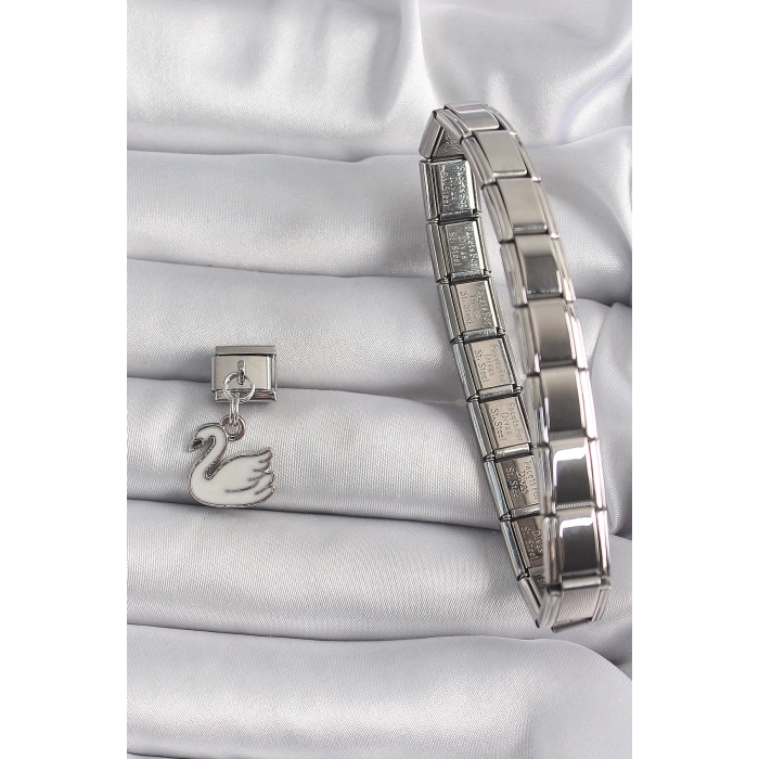 Mey İthalat® 316L Çelik Gümüş Renk Sallantı Beyaz Kuğu Model Nomination Charm