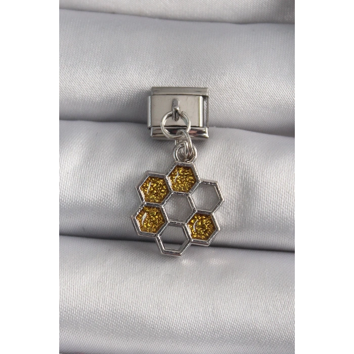 Mey İthalat® 316L Çelik Gümüş Renk Sallantı Simli Bal Beteği Model Nomination Charm