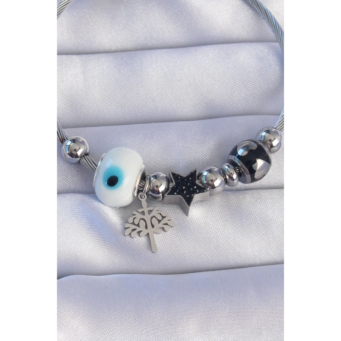 Mey İthalat® 316L Çelik Gümüş Renk Siyah Zirkon Taşlı Yıldız Tasarımlı Ağaç Detay Nazarlı Charm Bileklik