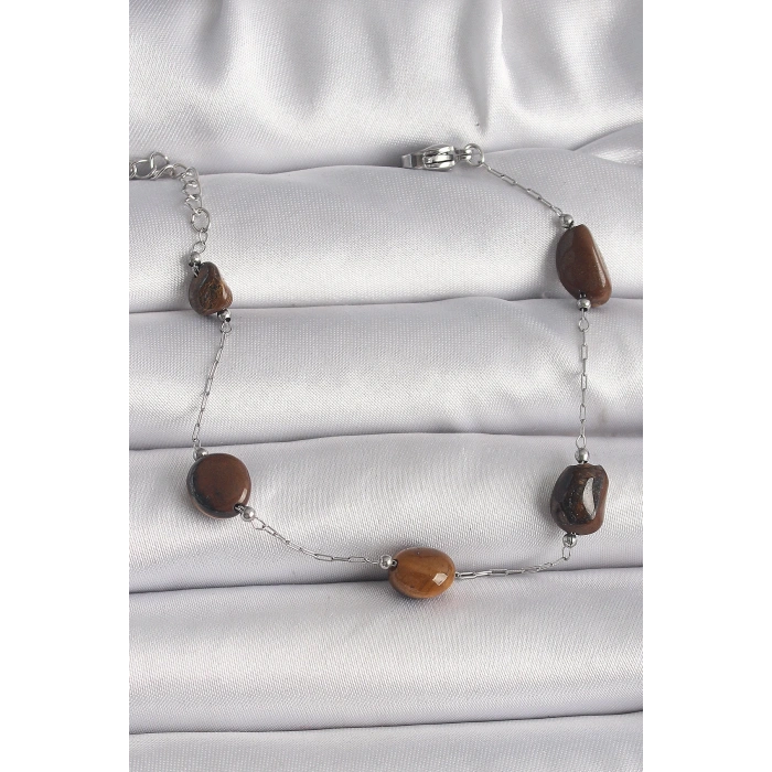 Mey İthalat® 316L Çelik Gümüş Renk Zincir Kahverengi Doğaltaş Model Kadın Bileklik