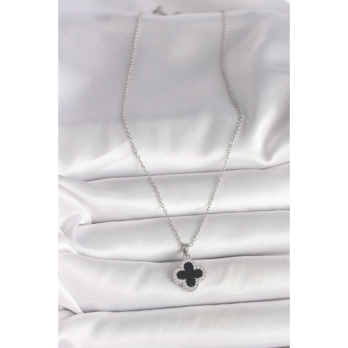 BFS 316L Çelik Gümüş Renk Zincir Zirkon Taşlı Yonca Model Kadın Kolye