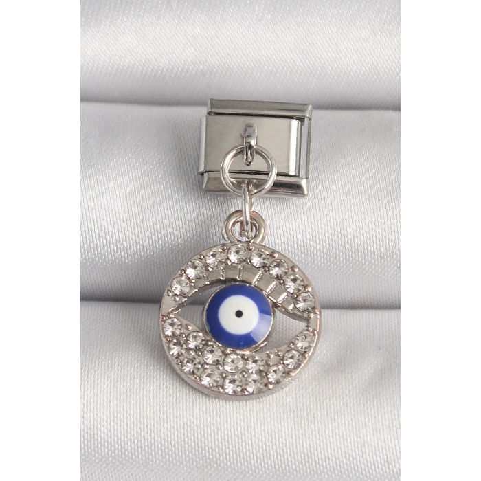 Mey İthalat® 316L Çelik Gümüş Renk Zirkon Taşlı Göz Model Nazar Boncuk Detay Nomination Charm