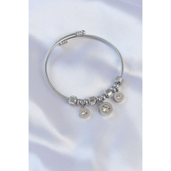 Mey İthalat® 316L Çelik Gümüş Renk Zirkon Taşlı Model Charm Bileklik