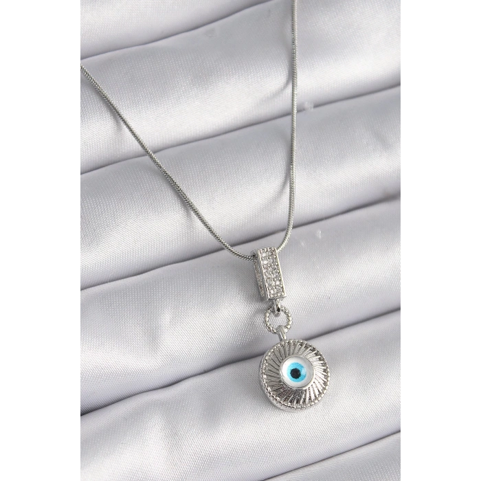 BFS 316L Çelik Gümüş Renk Zirkon Taşlı Nazar Boncuk Model Kadın Kolye