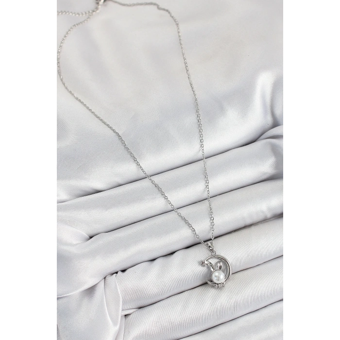 BFS 316L Çelik İnci Detaylı Hilal Tavşan Model Gümüş Renk Kadın Kolye
