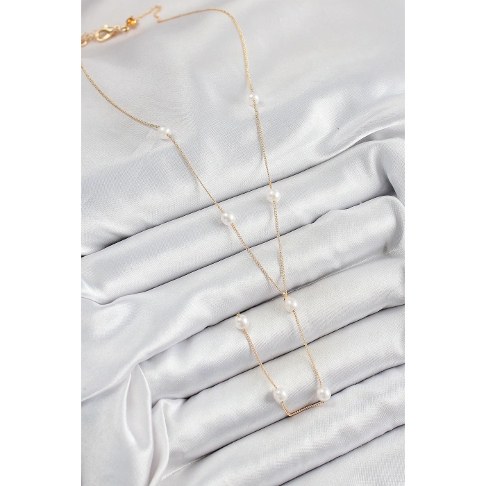 BFS 316L Çelik İnci Figürlü Y Model Gold Renk Kadın Kolye