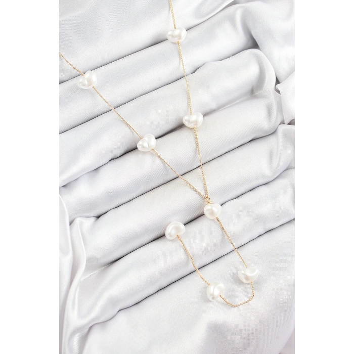 BFS 316L Çelik İncili Kalp Figürlü Y Model Gold Renk Kadın Kolye