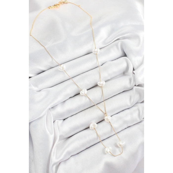 BFS 316L Çelik İncili Kalp Figürlü Y Model Gold Renk Kadın Kolye