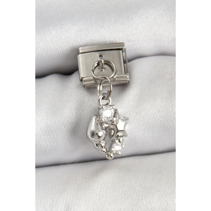 Mey İthalat® 316L Çelik Sallantılı Zirkon Taşlı Deniz Kabuğu Ve Yıldız Model Gümüş Renk Nomination Charm