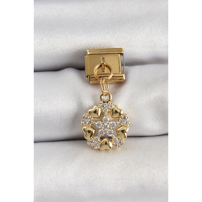 Mey İthalat® 316L Çelik Sallantılı Zirkon Taşlı Kalp Detaylı Yıldz Model Gold Renk Nomination Charm