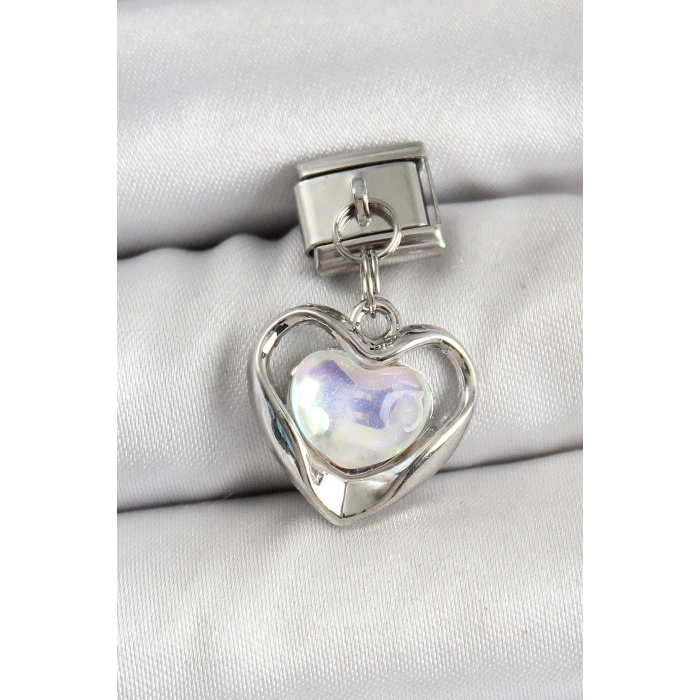 Mey İthalat® 316L Çelik Sallantılı Zirkon Taşlı Kalp Model Gümüş Renk Nomination Charm