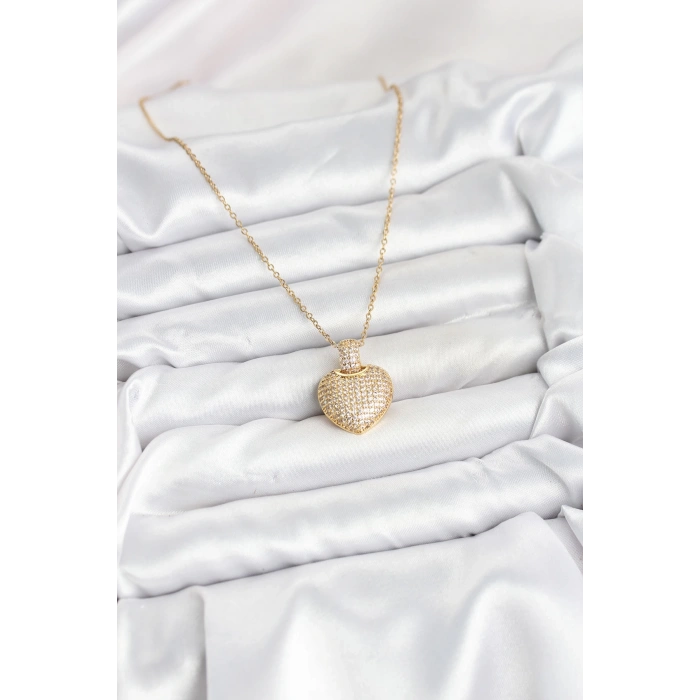 BFS 316L Çelik Zincir Gold Renk Zirkon Taşlı Kalpli Kadın Kolye