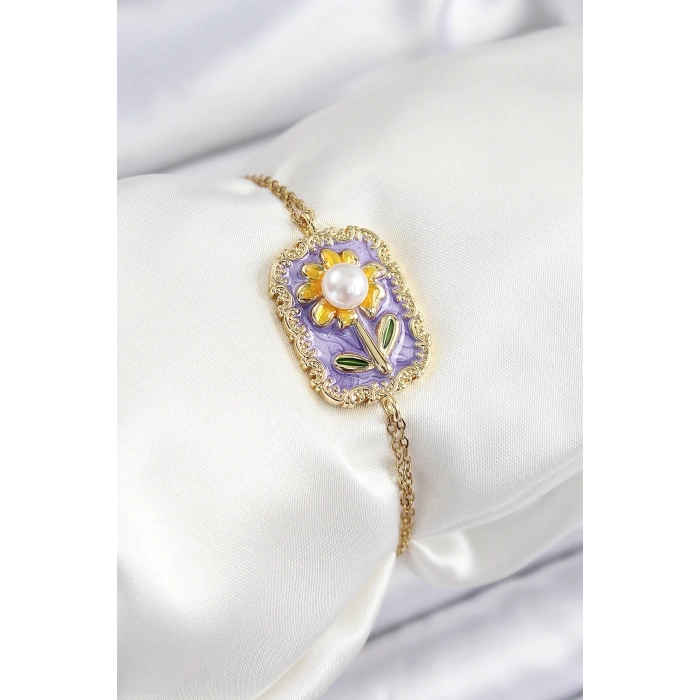 Mey İthalat® 316L Çelik Zincir Mor Mineli Sanatsal Portre İnci Detaylı Papatya Model Gold Renk Kadın Bileklik