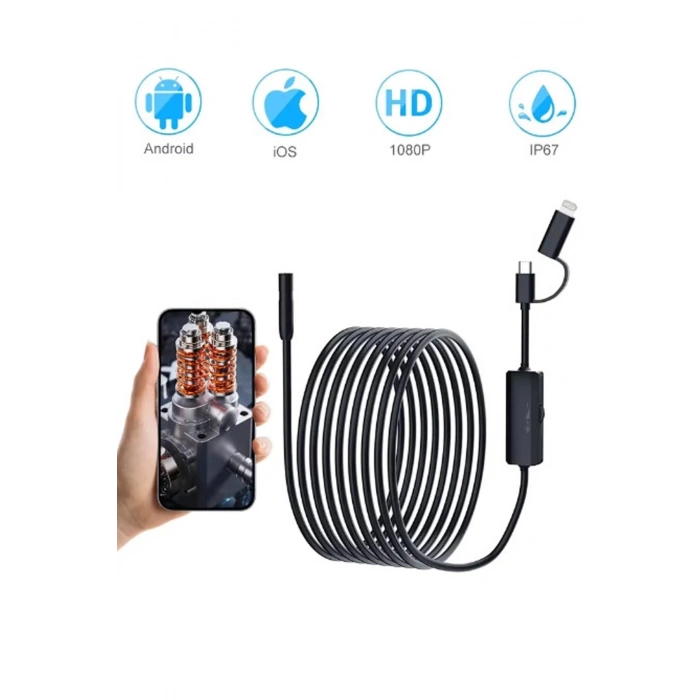 BFS 5 Metre Endoskop Yılan Video Kamera Ios Ve Android Uyumlu Led’li 8 Mm Sert Kablo 2mp