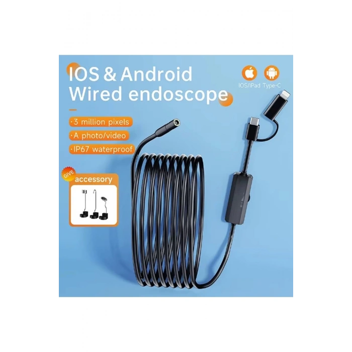 BFS 5 Metre Endoskop Yılan Video Kamera Ios Ve Android Uyumlu Led’li 8 Mm Sert Kablo 2mp