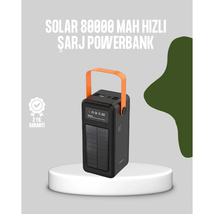 Mey İthalat® 80000 mAh Solar Powerbank Göstergeli Fenerli Hızlı Şarj Taşınabilir Şarj Cihazı