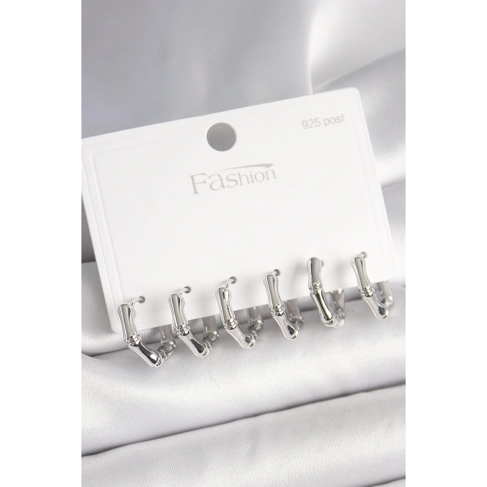 BFS 925 Ayar Gümüş Çivi Pirinç Gümüş Renk Bambu Halka Model Kadın Küpe Seti