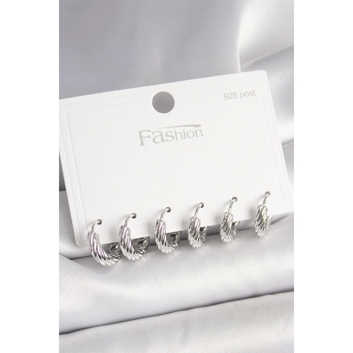 BFS 925 Ayar Gümüş Çivi Pirinç Gümüş Renk İşlemeli Halka Model Kadın Küpe Seti