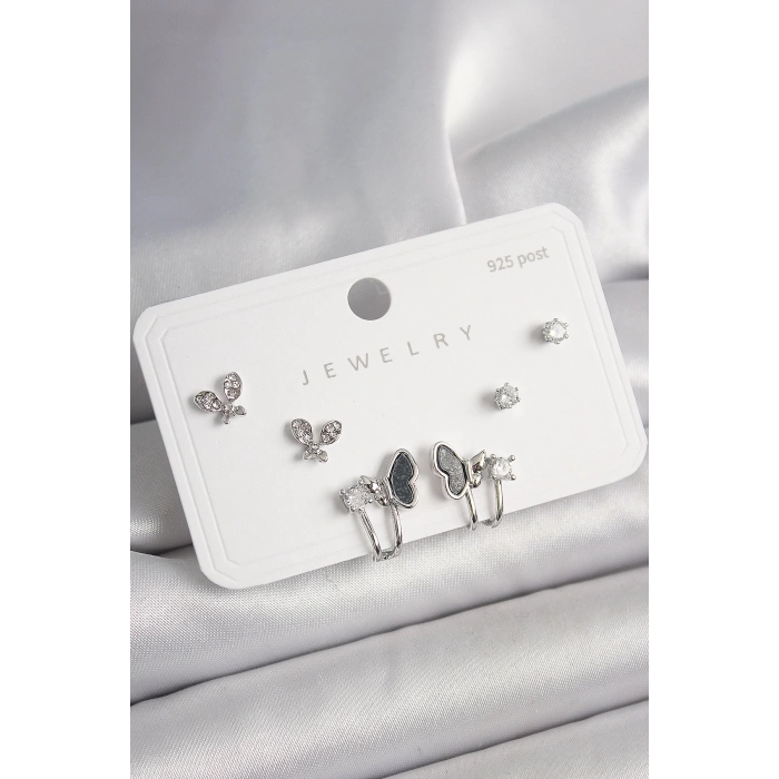 BFS 925 Ayar Gümüş Çivi Pirinç Gümüş Renk Zirkon Taşlı Kelebek Model Kadın Küpe Seti