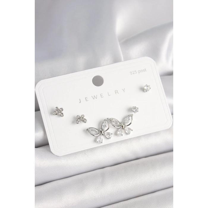 BFS 925 Ayar Gümüş Çivi Pirinç Gümüş Renk Zirkon Taşlı Kelebek Model Kadın Küpe Seti