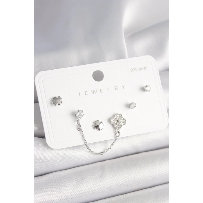 BFS 925 Ayar Gümüş Çivi Pirinç Gümüş Renk Zirkon Taşlı Yonca Model Sallantı Zincir Detay Kadın Küpe Seti