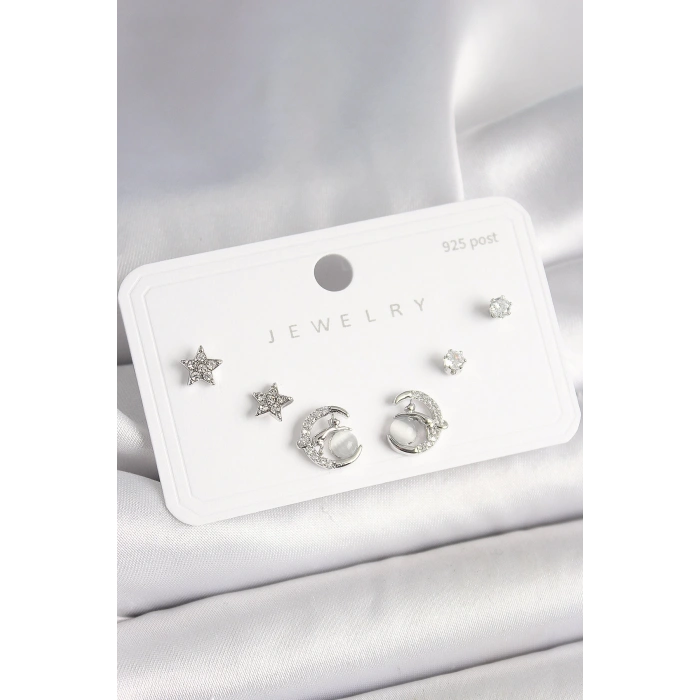BFS 925 Ayar Gümüş Çivi Zirkon Taşlı Hilal Yıldız Model Kadın Küpe Seti