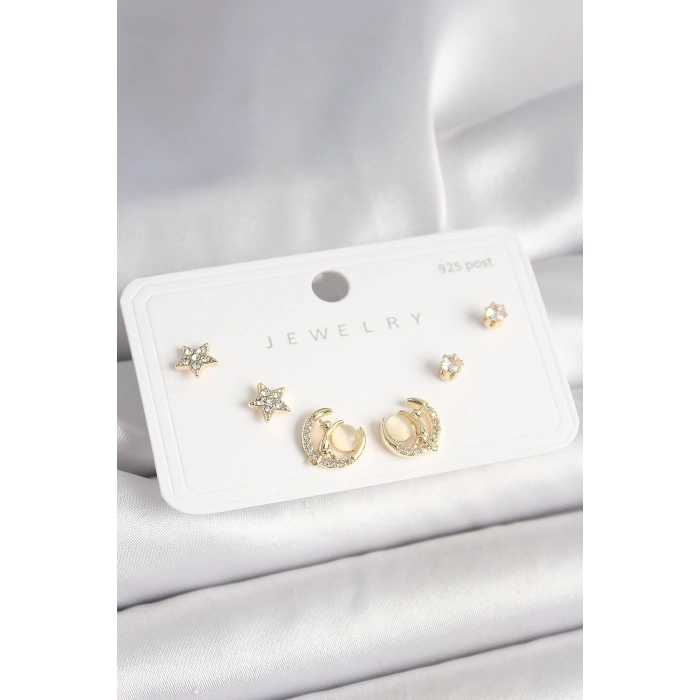 BFS 925 Ayar Gümüş Çivi Zirkon Taşlı Hilal Yıldız Model Kadın Küpe Seti