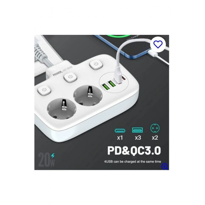 BFS Akım Korumalı 2’li Ayrı Anahtarlı Priz, 2x Priz, 3x Usb, 1x Type-c, 2 Mt Kablo, Hızlı Şarj