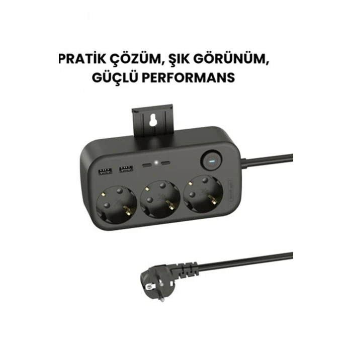 BFS Akım Korumalı Priz 2 Usb + 2 Type-c Girişli 2 Metre Kablosu Anahtarlı Ve Duvara Monte Edilebilir